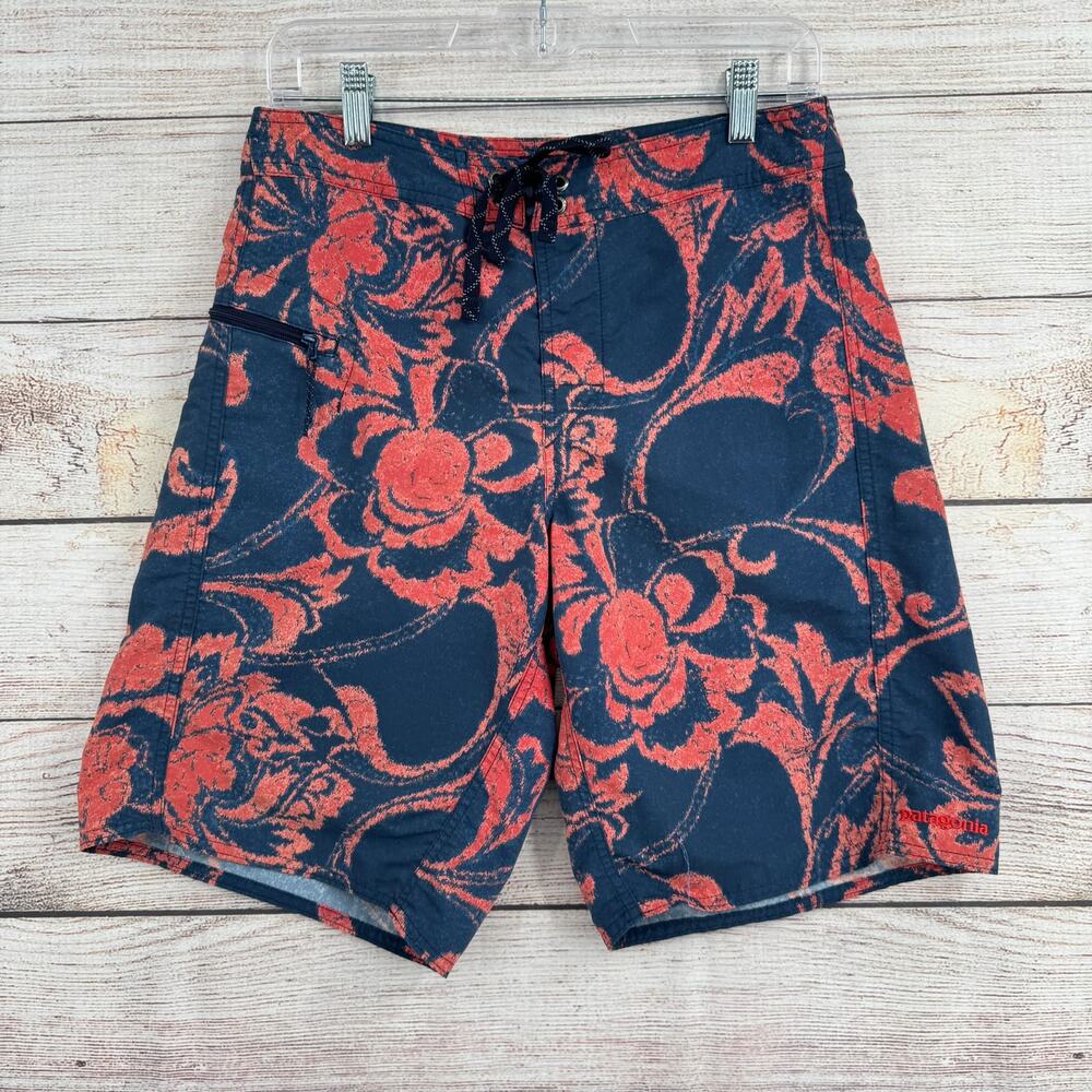 Patagonia Wavefarer Floral 10" Board Shorts Mens 30 Blue Pink Drawstring